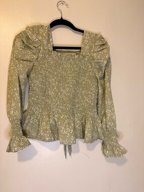 Sage Green Floral Smocked Peplum Blouse Puff Sleeve Cottagecore Top XL